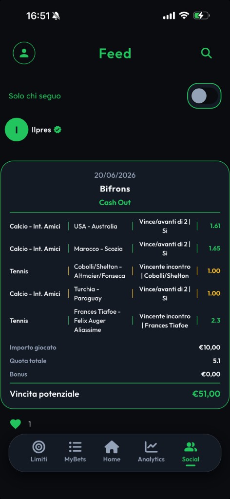 Feed Social Bifrons con schedina condivisa e like
